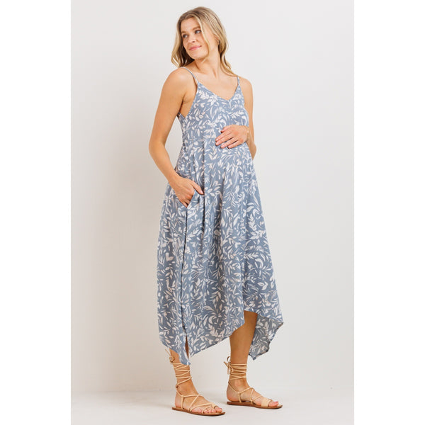 Floral Printed Uneven Hem Maternity Dress - Chambray