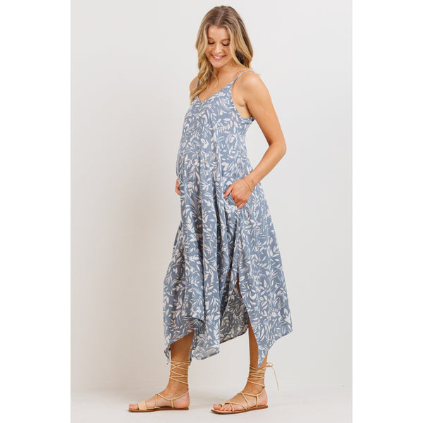 Floral Printed Uneven Hem Maternity Dress - Chambray