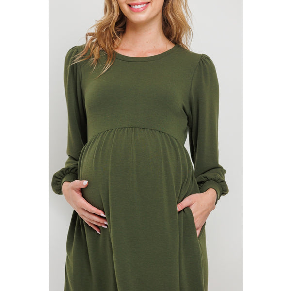 Round Neck Maternity Skater Dress with Pockets - Olive