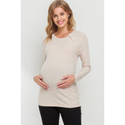 Round Neck Button Detail Maternity Top - Oatmeal