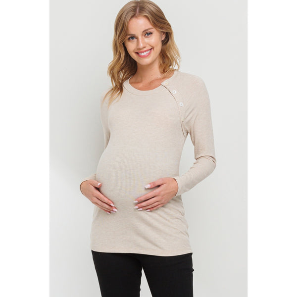 Round Neck Button Detail Maternity Top - Oatmeal