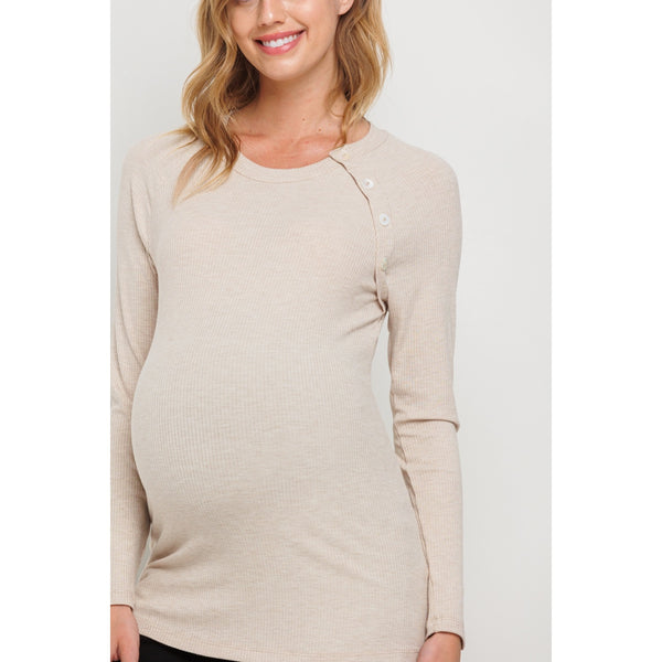 Round Neck Button Detail Maternity Top - Oatmeal