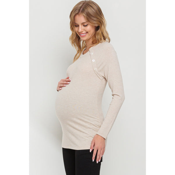 Round Neck Button Detail Maternity Top - Oatmeal